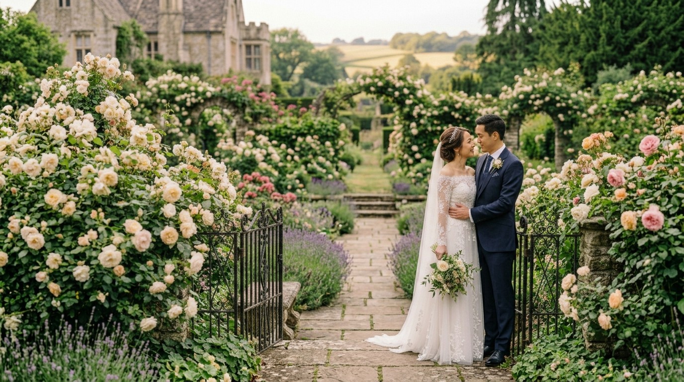 A smiling couple in a rose garden on their wedding day